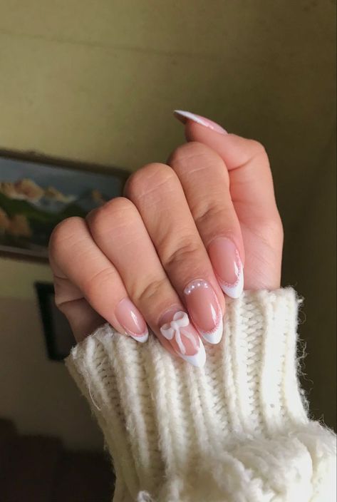 Simple Classy Nail Art, Cotteque Nails, Pink Coquette Nails Almond, Strawberry Nails Acrylic Almond, Best Acrylic Nails Almond, Cute Nail Inspo Simple, Almond Coquette Nails, White Coquette Nails, Coquette Almond Nails