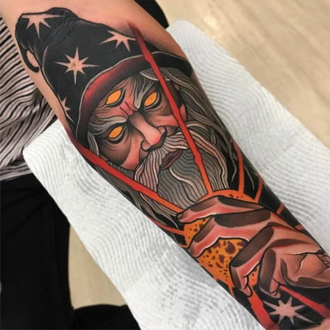 Traditional Tattoo Reference, Old Wizard, Wizard Tattoo, Neo Traditional Tattoos, Neo Tattoo, Tattoos Traditional, Men Tattoos Arm Sleeve, Traditional Tattoo Sleeve, Traditional Tattoo Design