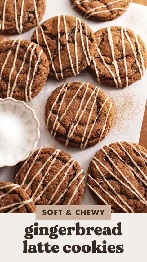 These gingerbread latte cookies are incredibly soft and chewy with a crunchy sugar coating and a drizzle of icing. They are full of spiced gingerbread and espresso flavour to elevate these classic holiday cookies! #gingerbread #cookies #holidaybaking | teakandthyme.com Gingerbread Latte Cookies, Granulated Sugar Icing, Coffee Flavored Cookies, Vegan Gingerbread Cookies, Monster Treats, Chewy Gingerbread Cookies, Soft Gingerbread Cookies, Vegan Gingerbread, Cookies Gingerbread