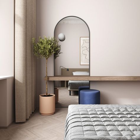 Relaxed Spaces With Minimalist Vibes Minimal Bedroom Interior, Hotel Bedroom Design, Hotel Room Interior, Minimal Bedroom, Minimal Interior Design, Dresser Design, Dressing Table Design, Hotel Room Design, Dekorasi Kamar Tidur