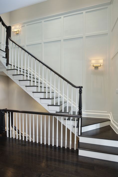 Vertical Paneling Stairway, Half Panelled Staircase, Stairwell Wall Molding Ideas, Stairs Wainscotting Modern, Stair Wall Wainscotting, Wainscoting Staircase With Handrail, Opening Up Staircase Wall, Tall Staircase Wall Ideas, Stairs Feature Wall