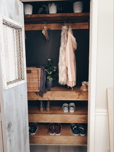 Small Entry Way Closet Remodel, Open Coat Closet Entryway, Closet Boot Storage, Front Closet Makeover Entryway, Narrow Coat Closet, Front Door Closet Ideas Entryway, Small Entryway Closet Ideas, Front Entrance Closet, Front Closet Makeover