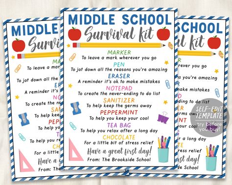 Middle School Student Survival Kit Gift Tags Editable Template, Back To School Gift For Teachers Staff Students, 6th 7th 8th Grade #thriftyfrugalmom #teachergift #teacherappreciation #cheapgifts #teacher #create #students #gifts. Go for more info 👉https://whispers-in-the-wind.com/top-10-graduation-gift-ideas/?teacher279 Middle School Survival Kit, Student Survival Kits, Principal Appreciation, Middle School Survival, Graduation Printables, Survival Kit Gifts, School Survival Kits, Survival Kit For Teachers, Teacher Survival