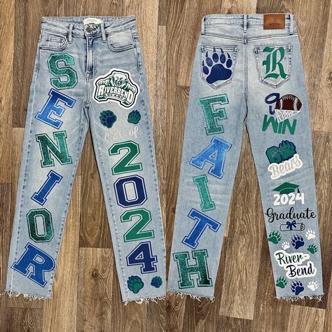 Senior Jean Painting Ideas, College Jeans Painted, Senior 2025 Jeans, Senior Jeans Painted 2024 Ideas, Senior Pants 2025, Graduation Jeans, Senior Year Jeans, Football Jeans, Senior Jeans Ideas High Schools