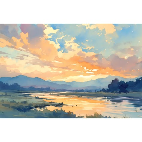 American River, Washington state Premium quality giclee print To see more paintings, please visit my shop: www.etsy.com/shop/PaintingsDanArt - Giclee print on acid-free archival paper - Multiple sizes to choose from - Frame not included. This print is sold unframed.  However, you can order a framed print via this link:  https://paintingsdanart.etsy.com/listing/1702840310/framed-poster-for-any-print-of-your  Unframed canvas print available here: https://paintingsdanart.etsy.com/listing/1705159750 Watercolor Paintings Landscape Sunsets, Paintings Of Mountains, Paintings Landscape, Panoramic Painting, Mountain Painting Ideas, Watercolor Paintings Landscape, Large Watercolor Painting, Landscape Watercolor Paintings, Landscape Watercolor