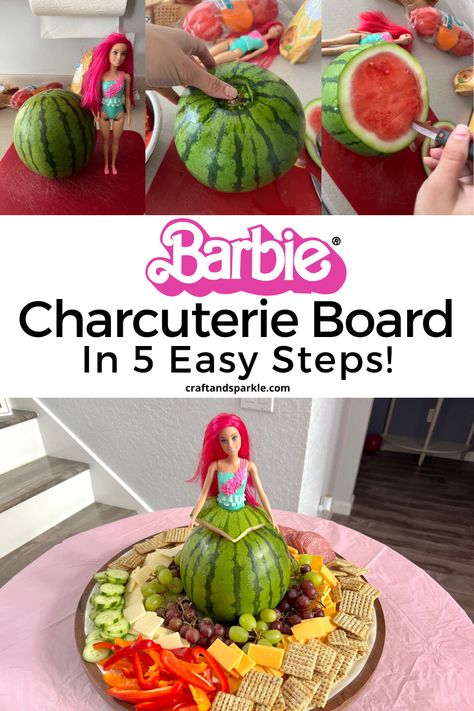 Barbie Birthday Party At Park, Barbie Veggie Tray, Charcuterie Board Barbie, Barbie Fruit Platter, Barbie Charcuterie Board Ideas, Barbie Fruit Tray, Barbie Snacks Parties Food, Barbie Charcuterie, Barbie Charcuterie Board