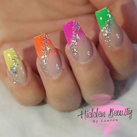 Neon Encapsulated Nails, Color Tips Nails Acrylic, Glitter Neon Nails, Neon And Glitter Nails, Florescent Nail Ideas, Summer Glitter Nails, Glitter Summer Nails, Glitter Nails Designs, Acrylic Nails Glitter