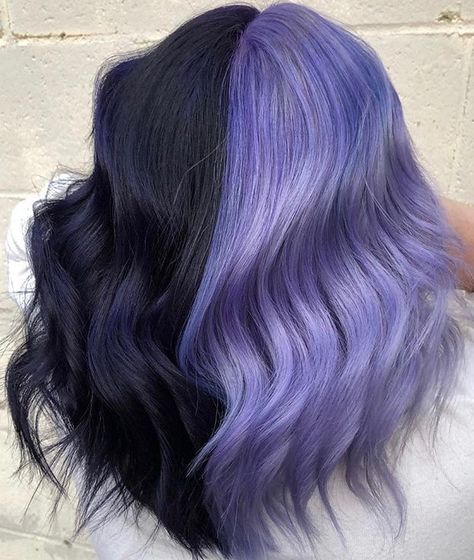 Colored Split Dye, Pastel Purple And Black Hair, Half And Half Hair Color Purple, Crazy Hair Dye, Black Split Dye Hair, Split Hair Color Ideas, Split Dye Hair Ideas, Purple Balayage, Split Dye