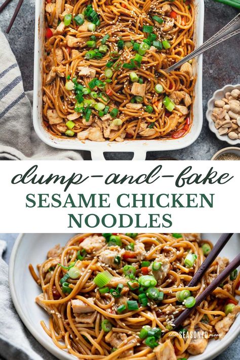 Weeknight dinners don't get much easier than these dump-and-bake sesame chicken noodles! You don't even have to boil the pasta or sauté the veggies -- everything cooks together in a single dish with just 10 minutes of prep. A family-favorite meal! Baked Chicken Parm, Dump And Bake, Asian Noodle Dishes, Chicken Noodles, Baked Dinner, Dump Meals, Sesame Chicken, Rotisserie Chicken Recipes, Noodle Dishes