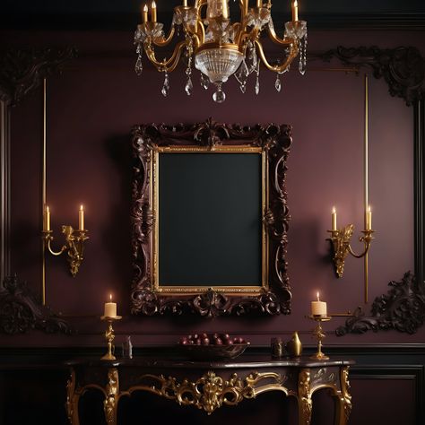 Transform your space with the exquisite charm of our Dark Mahogany Baroque Frame, a perfect blend of Gothic elegance and Baroque sophistication. Whether you're looking to add a touch of vintage grandeur to your home decor or display your most cherished memories, this frame is designed to captivate and elevate any setting. ✨ Why You'll Love Our Dark Mahogany Baroque Frame: Timeless Gothic Elegance: Embrace the rich, dark mahogany finish and intricate Baroque detailing that bring a touch of Gothic Gothic Wall Mirror, Gothic Tv Stand Decor, Gothic Royal Bedroom, Light Gothic Interior, Vintage Frame Gallery Wall Ideas, Decorative Windows On Wall, Gothic Baroque Interior Design, Antique Wall Decor Ideas, Gothic Music Room