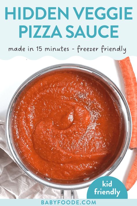 Looking for a flavorful pizza sauce you can whip up while your oven pre-heats? Then this is the pizza sauce for you! This kid-friendly Hidden Veggie Pizza Sauce is perfect for pizza, pasta, or as a dipping sauce. Plus, it can be made in 15 minutes, is freezer-friendly and is perfect for any type of homemade pizza! Vegetable Pizza Sauce, Hidden Veggie Pizza Sauce, Veggie Pizza Sauce, Healthy Pizza Sauce Recipe, Blw Pizza, Baby Pizza Recipe, Pizza Sauce With Hidden Veggies, Toddler Pizza Ideas, Pizza For Toddlers