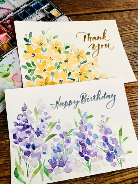 Lettering Cards Design, Card Lettering Ideas, Brush Pen Birthday Card, Happy Birthday Cards Watercolor, Watercolor Greeting Card Ideas, Brush Lettering Happy Birthday, Painted Birthday Cards, Happy Birthday Watercolor Card, Watercolor Happy Birthday Card