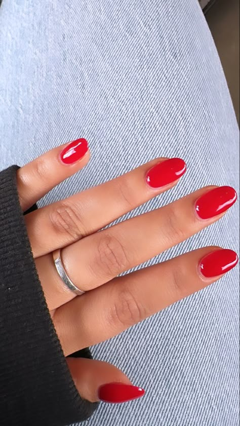 Red Almond Nails Medium Length, Rounded Almond Acrylic Nails, Bright Cherry Red Nails, Light Red Nails Acrylic, Red Acyrilics Nails, Almond Shape Nails Red, Plain Acrylic Nails Almond, Almond Red Nails Design, Red Nails Short Almond