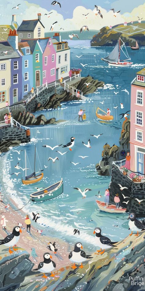 #SeasideScene #BeatrixPotterStyle #FishingBoats #Seagulls #PastelBuildings #OceanHarbor #CoastalPath #PuffinBridge #BritishRuralLife #1:2AspectRatio #TheCandie Naive Art Seaside, Scottish Illustration, Harbor Illustration, Sailing Illustration, Coastal Illustration, Puffin Painting, Seaside Illustration, Seagull Illustration, Drawing Summer