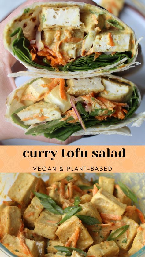 Baked tofu with a creamy curry dressing, shredded carrots, cilantro and green onion combine for this tasty curry tofu salad, wrapped up in a tortilla or eaten on it's own! The makeover your chicken salad has been waiting for. Tofu Salads, Curry Wrap, Tofu Wrap, Shredded Tofu, Curry Dressing, Curry Tofu, Tofu Wraps, Creamy Curry, Tofu Salad