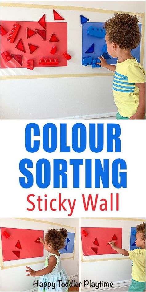 Colour Sorting Sticky Wall - HAPPY TODDLER PLAYTIME Here is an easy and fun way for your toddler or preschooler to learn and practice colour recognition with this simple to set up colour sorting sticky wall! #toddleractivity #preschoolactivity #earlylearning Colour Recognition Activities Toddlers, Colour Recognition Activities, Montessori Lifestyle, Wall Activities, Color Activities For Toddlers, Learning Colours, Teach Colors, Color Sorting Activities, Sorting Colors