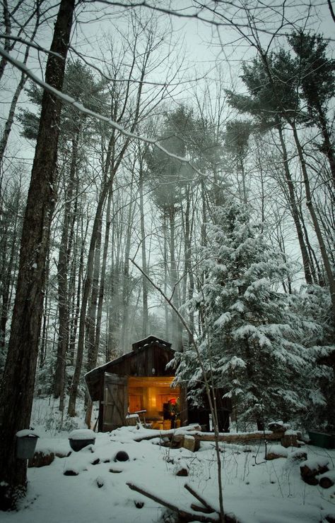 a warm glow Small Cabin In The Woods, Snow Ideas, Snowy Cabin, A Cabin In The Woods, Snow Falling, Winter Szenen, Winter Cabin, Little Cabin, A Cabin