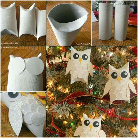 Cheep Diy Owl ornaments made out of toilet paper rolls! Cute!                                                                                                                                                                                 More Paper Owls, Toilet Paper Rolls, Owl Party, Origami 3d, Harry Potter Christmas, Owl Crafts, Owl Ornament, Toilet Paper Roll Crafts, Paper Roll Crafts