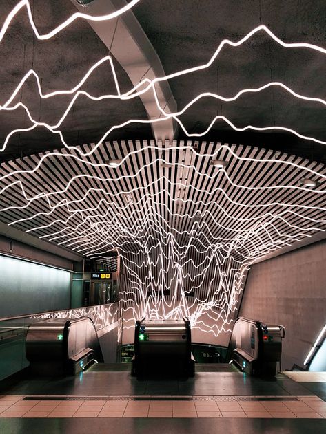 Stockholm, Sweden - Odenplan. Heartbeat lights. Odenplan train station at Stockholm, Sweden. Railway station art. Stockholm Metro Station, Subway Design Architecture, Transit Architecture, Train Station Interior, Train Station Design, Stockholm Architecture, Train Station Art, Stockholm Metro, Installation Architecture