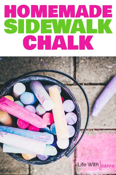 Homemade Sidewalk Chalk - Two Ingredients + Any Color | sidewalk chalk recipe | how to make sidewalk chalk | DIY sidewalk chalk |  via @joannegreco How To Make Chalk, Diy Sidewalk Chalk, Sidewalk Chalk Storage, Edible Chalk Recipe, Diy Sidewalk, How To Make Sidewalk Chalk, Puffy Sidewalk Chalk Paint, Sidewalk Chalk Recipe, Chalk Paint Kids Outside