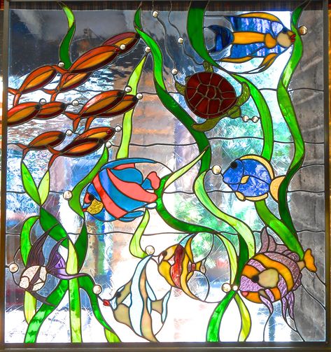 Ocean Window Painting, Aquarium Glass Painting, Stained Glass Aquarium, Stained Glass Coral Reef, Ocean Stained Glass Window, Window Drawing, Diy Stained Glass Window, Turtle Drawing, Stained Glass Patterns Free