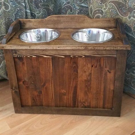 Raised rustic dog feeder with storage elevated dog feeder | Etsy Wood Dog Bowl Stand, Dog Food Station, Homemade Dog Toys, Raised Dog Feeder, Elevated Dog Feeder, Raised Dog Bowls, Kalispell Mt, Tallest Dog, Dog Bowl Stand