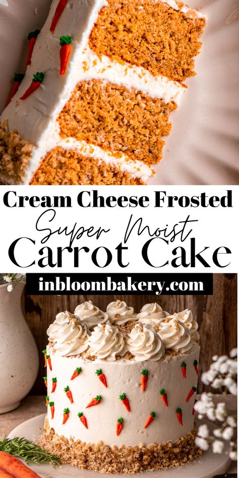 This is absolutely the best carrot cake recipe! It's easy to make, extremely moist, flavored with warm spices, and frosted with the best cream cheese frosting. It gets decorated with mini carrots for the cutest Easter and spring touch. It's my favorite recipe for carrot cake and I know you'll think it's the best cake too! Decorate A Carrot Cake, Easy Spring Desserts, Carrot Cake Icing, Recipe For Carrot Cake, The Best Cream Cheese Frosting, Easter Cake Easy, Best Cream Cheese Frosting, Best Carrot Cake Recipe, In Bloom Bakery