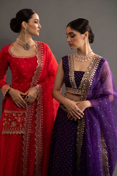 Kavitha Gutta Red Sharara Purple Lehenga Kavitha Gutta, Lehnga Dress, Royalty Aesthetic, Half Saree Designs, Embroidered Lehenga, Elegant Blouse Designs, Designer Sarees Online, Sharara Set, Chaniya Choli