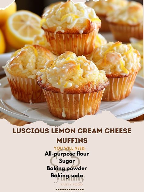 🍋 Delight in these Luscious Lemon Cream Cheese Muffins! 🍋 #BakingBliss #LemonLovers Luscious Lemon Cream Cheese Muffins Ingredients: All-purpose flour (2 cups) Sugar (1 cup) Baking powder (1 tsp) Baking soda (1/2 tsp) Salt (1/2 tsp) Lemon zest (1 tbsp) Lemon juice (1/4 cup) Cream cheese (4 oz, softened) Butter (1/2 cup, melted) Eggs (2) Milk (1 cup) Vanilla extract (1 tsp) Instructions: Preheat oven to 350°F (175°C) and line muffin tin with paper liners. In a large bowl, mix flour, sugar,... Lemon Cream Cheese Muffins, Eggs In Oven Muffin Tins, Mini Lemon Muffins Recipes, Lemon Cream Cheese Cookies 12 Tomatoes, Luscious Lemon Cream Cheese Muffins, Burst Of Lemon Muffins, Blueberry Muffins With Lemon Zest, Eggs In Oven, Mini Muffin Recipe