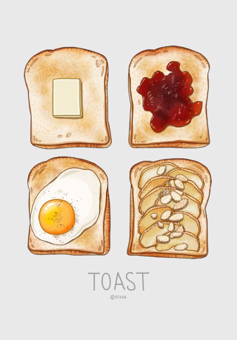 xihanation toast Foodie Art, Food Sketch, Food Illustration Art, Watercolor Food, Food Painting, Peanut Butter And Jelly, Illustration Food, Food Stickers, Food Drawing