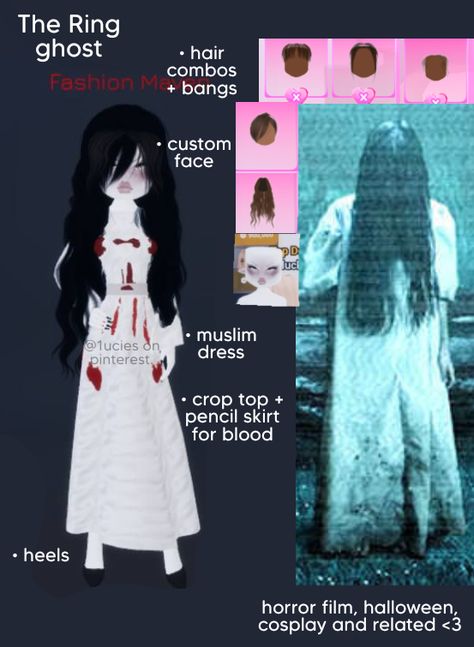 Dti Outfits Theme Horror Movie, Dti Roblox Horror Movie, The Ring Girl Horror, Dti Roblox Outfits Horror Movie, Halloween Fits Dress To Impress, Haunted Dress To Impress, Dti Horror Idea, Dti Roblox Cosplay, Ghost Outfit Dress To Impress