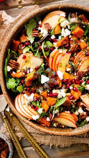 Elena Davis| Italian Recipes on Instagram: "🍁🍎🥬Autumn Harvest Salad…
A must make this time of year! Start making it now and ⬇️SAVE it for your all holiday parties. It hits all the texture and flavor points for a yummy salad everyone loves! Mangia. Made with Amore, 💙Elena. 
🌟COMMENT “SALAD” and I’ll 💌DM you the full printable recipe. 

🛒WHAT YOU WILL NEED:

🥬Salad:
- Spring mix or mixed greens
- Seasoned and roasted butternut squash
- Honeycrisp apples, cored and thinly sliced
- Roasted pumpkin seeds (pepitas)
- Candied pecans
- Pomegranate seeds
- Goat cheese, crumbled

🧡Butternut Squash:
- Butternut squash, peeled, seeded, and diced into 1/2-inch cubes
- Olive oil
- Salt
- Cayenne Pepper
- Ground cinnamon
- Ground nutmeg

🫙For the Homemade Apple Cider Vinaigrette (in a mason jar Apple And Butternut Squash, Squash Butternut, Fall Harvest Salad, Cranberry Vinaigrette, Apple Cider Vinaigrette, Cider Vinaigrette, Butternut Squash Salad, Homemade Apple Cider, Pomegranate Salad