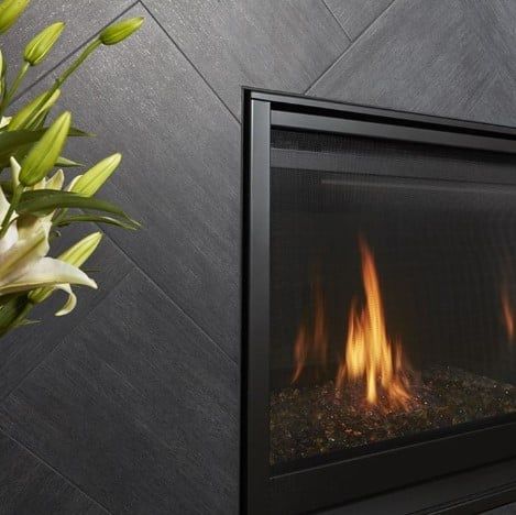 Herringbone Tile Fireplace, Tiled Fireplace Wall, Tile Around Fireplace, Slate Fireplace Surround, Black Fireplace Surround, Slate Fireplace, Arizona Tile, Tile Fireplace, Dark Tile