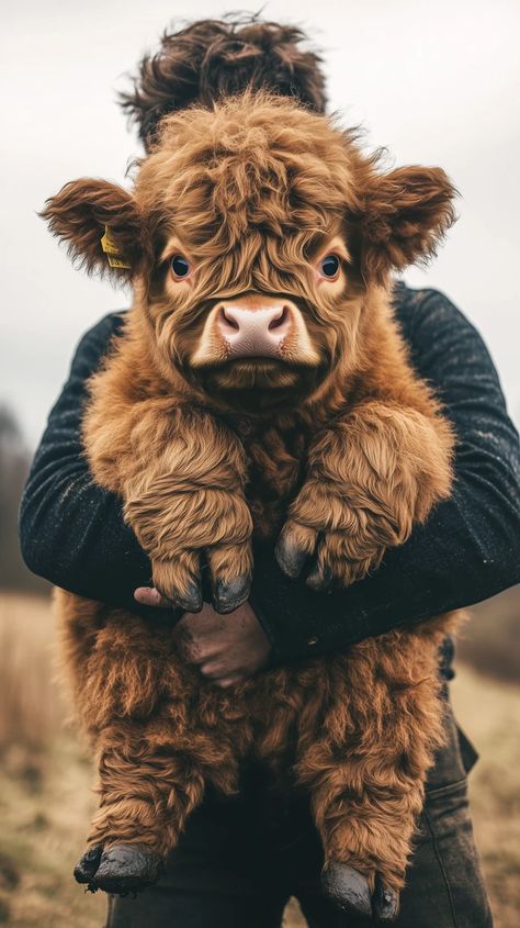 Pet Cows, Highland Calf, Heartwarming Pictures, Mini Cows, Baby Highland Cow, In His Arms, Fluffy Cows, Cow Pictures