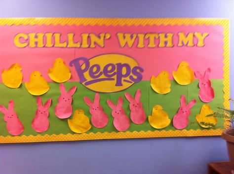 Easter bulletin board. Peeps board. Pre-K - 5th grade bulletin board Daycare Bulletin Boards, Easter Bulletin Board, April Bulletin Boards, Easter Bulletin Boards, March Bulletin Board, Birthday Board Classroom, Work Bulletin Boards, Spring Bulletin, Birthday Bulletin Boards