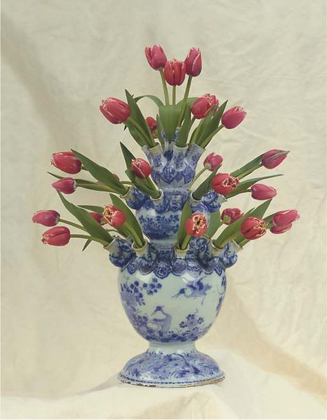 Expensive Flowers, Tulip Vase, Dutch Delft, Flower Frogs, Old Vases, Orange Blossoms, Blue White Porcelain, Tulips In Vase, Blue And White Vase