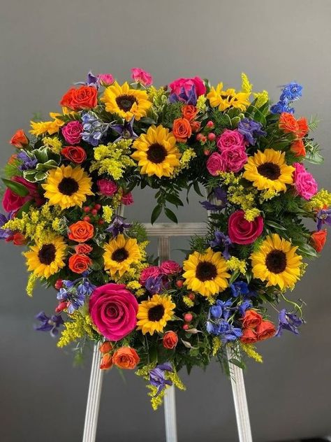 Memorial Flowers Arrangements, Cemetary Decorations, Roses And Sunflowers, Standing Easel, Honoring Loved Ones, Sunflower Arrangements, Sympathy Arrangements, Grave Flowers, Large Flower Arrangements