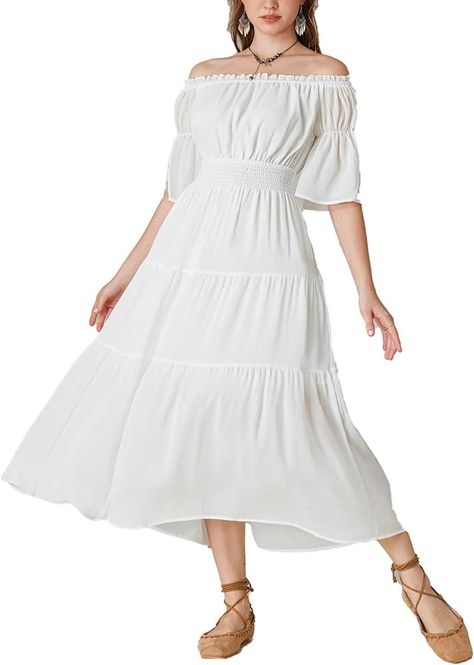 Amazon.com: Scarlet Darkness Women Long Flowy Dress Off Shoulder Tiered Summer White Dress Renaissance Costume White XL : Clothing, Shoes & Jewelry Dresses Cottagecore, Pirate Dress, Long Flowy Dress, Flowy Dress Long, Chemise Dress, Costume Women, Cottagecore Dress, Medieval Clothing, Design Clothes