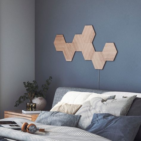 Nanoleaf Elements Wood Look Smarter Kit (7-panels) Wood Look NL52-K-7003HB-7PK - Best Buy Wall Art Above Fireplace, Art Above Fireplace, Hexagon Wall Art, Above Fireplace, Hexagon Wall, Light Panels, Textured Panels, White Light Bulbs, Bespoke Lighting