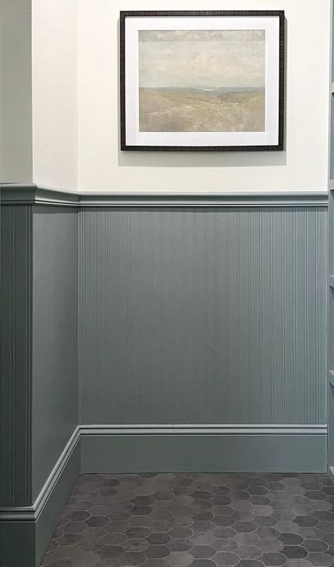 Wainscoting Ideas Beadboard, Painted Bead Board Bathroom, Half Wood Panel Walls Painted, Beadboard Half Wall Basement, Minimalist Wainscoting Ideas, Color Block Wall Bathroom, Painted Pine Paneling Walls, Wayne’s Coating Wood, Beadboard Painted Same Color As Wall