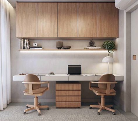 Home Office With Two Desks, Home Office Two Desks, Japandi Home Office, Two Desks, Contemporary Office Design, Small Office Design, Modern Home Offices, Japandi Home, Study Room Design