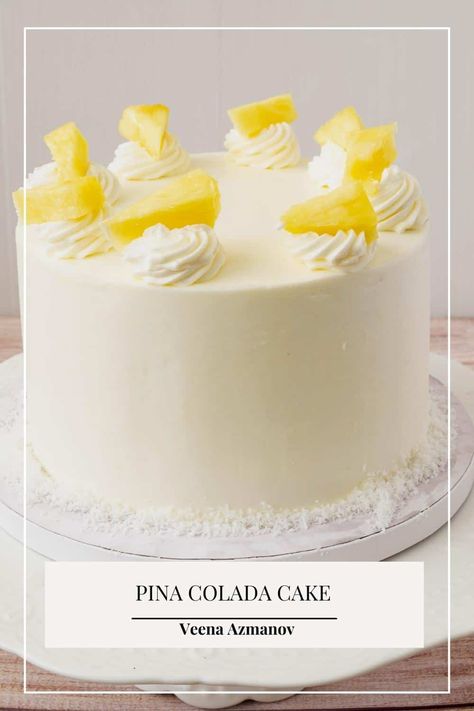 Transform your favorite tropical cocktail into a delicious cake! This pina colada cake recipe is a light, moist rum cake flavored with pineapple and coconut, and frosted with a rich, creamy Swiss meringue buttercream frosting. Perfect for any occasion, this cake is sure to become a new favorite. Pina Colada Cake Recipe, Best Cake Flavours, Cake Serving Chart, Pina Colada Cake, Tropical Desserts, Pina Colada Recipe, Pineapple And Coconut, Coconut Cake Recipe, Layer Cake Recipes