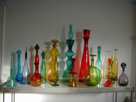 Salvaged Decor, Vintage Glass Bottles, Decorative Glass Jars, Mid Century Glassware, Colored Glass Bottles, Blenko Glass, 70s Home, Colored Vases, Sandblasted Glass