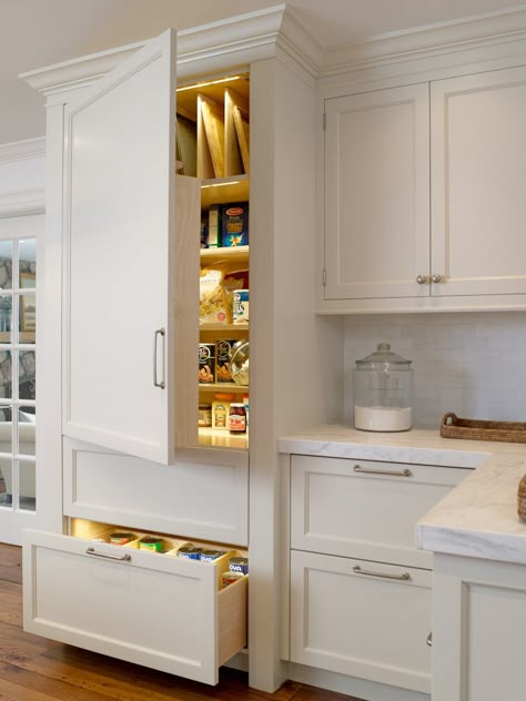 Yes, please- Love the drawers instead of lower cabinet doors for our bathroom vanity.  Also love the linner-lit cabinet/home office with the crown to the ceiling for my office/closet. Built In Pantry, Kitchen Pantry Design, Kitchen Cabinets Decor, New Kitchen Cabinets, Classic Kitchen, Kitchen Decorating, Pantry Design, Pantry Cabinet, White Kitchen Cabinets