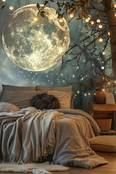 Moon Room Ideas Bedrooms, Diy Mood Lighting, Moon Bedroom Ideas, Mystic Bedroom, Celestial Bedroom Aesthetic, Celestial Room Decor, Fence Murals, Celestial Bedroom, Moon Bedroom