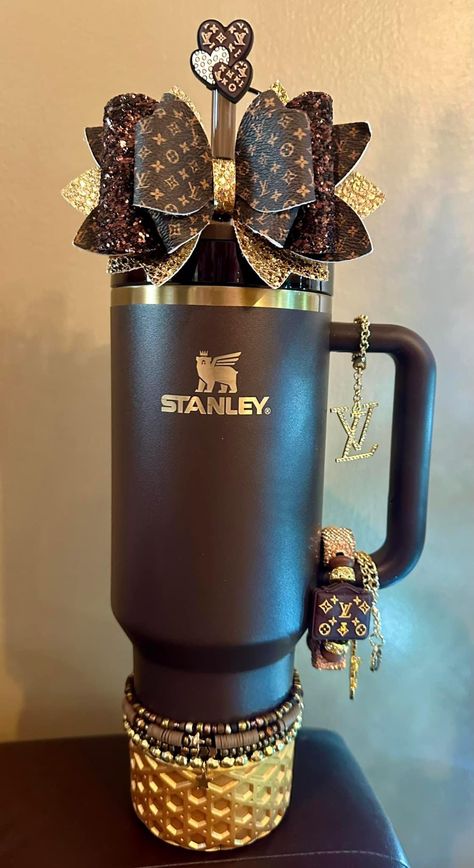 Lv Stanley Cup, Blinged Out Stanley Cup, Decorating Stanley Cup, Stanley Accessories Aesthetic, Stanley Cups Aesthetic, Stanley Cup Aesthetic Accessories, Stanley Cup Accessories Ideas, Diy Stanley Cup, Stanley Cup Accessories