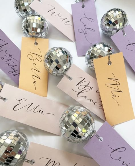 Name Cards Wedding, Christmas Disco, Place Cards Wedding, Disco Theme, Wedding Mood, Wedding Place Cards, Disco Ball, Cards Wedding, Name Cards