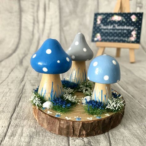 Hand painted Toadstools Mushrooms - set of 3 - nursery, fairy, woodland decor £9.00 Wood Mushroom Crafts, Mushroom Tiered Tray, Painted Mushrooms Wooden, Wooden Mushroom Decor, Wooden Mushrooms Diy, Painting Wooden Mushrooms, Mushroom Table Decor, Wooden Mushrooms Painted, Painted Wood Mushrooms