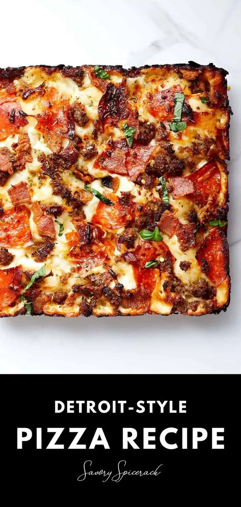 Detroit-Style Pizza Detroit Style Pizza Recipe, Detroit Style Pizza, Deep Dish Pizza Recipe, Calzone Pizza, Pizza Recipes Homemade, Pizza Pie, Deep Dish Pizza, Pizza Recipes Dough, Pan Pizza