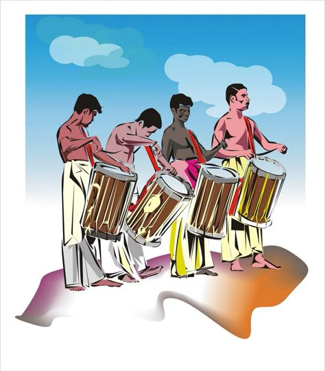 chenda melam Onam Dance Images, Pooram Festival Paintings, Kerala Culture Drawing, Chenda Melam Art, Kerala Culture Illustration, Pooram Kerala, Chenda Melam, Kerala Painting, Onam Kerala